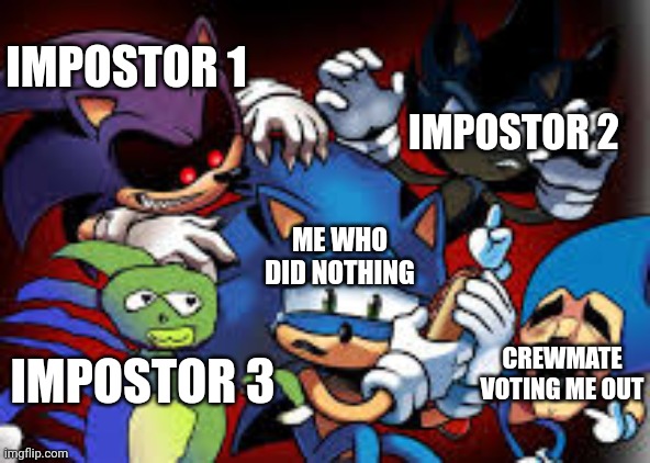 I did nothing, I swear | IMPOSTOR 2; IMPOSTOR 1; ME WHO DID NOTHING; CREWMATE VOTING ME OUT; IMPOSTOR 3 | image tagged in scared sonic,memes,among us,funny | made w/ Imgflip meme maker