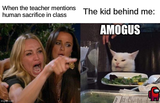 That one kid in class be like | When the teacher mentions human sacrifice in class; The kid behind me:; AMOGUS | image tagged in memes,woman yelling at cat,among us | made w/ Imgflip meme maker