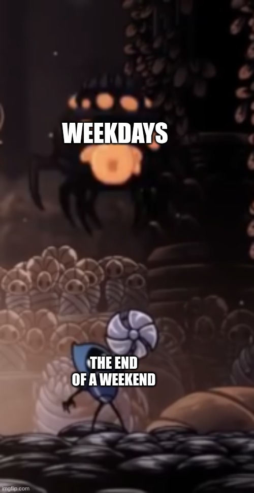 weekdays feel short but weekends are shorter | WEEKDAYS; THE END OF A WEEKEND | image tagged in tiso,hollow knight,funny | made w/ Imgflip meme maker