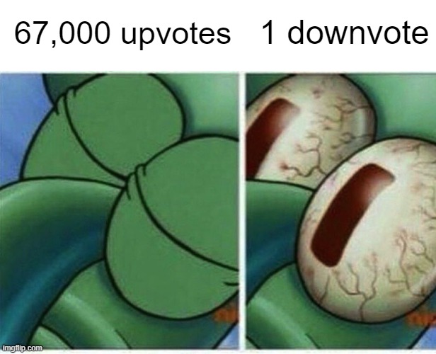 My life is ruined | 67,000 upvotes; 1 downvote | image tagged in squidward | made w/ Imgflip meme maker