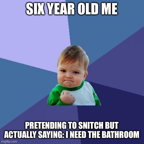 Success Kid Meme | SIX YEAR OLD ME; PRETENDING TO SNITCH BUT ACTUALLY SAYING: I NEED THE BATHROOM | image tagged in memes,success kid | made w/ Imgflip meme maker