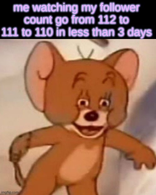 Polish Jerry | me watching my follower count go from 112 to 111 to 110 in less than 3 days | image tagged in polish jerry | made w/ Imgflip meme maker