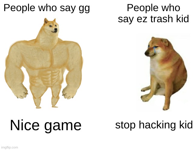 Gamers be like: | People who say gg; People who say ez trash kid; Nice game; stop hacking kid | image tagged in memes,buff doge vs cheems | made w/ Imgflip meme maker