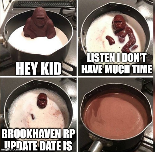 Wolfpaq won't update it | HEY KID; LISTEN I DON'T HAVE MUCH TIME; BROOKHAVEN RP UPDATE DATE IS | image tagged in hey kid i don't have much time | made w/ Imgflip meme maker