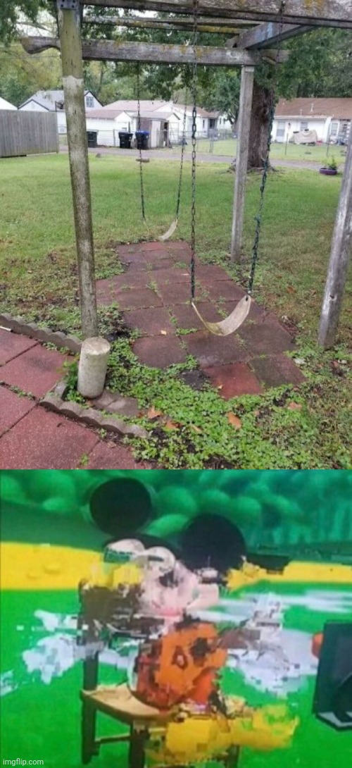 Messed up swing set | image tagged in glitchy mickey,swings,swing,swing set,you had one job,memes | made w/ Imgflip meme maker