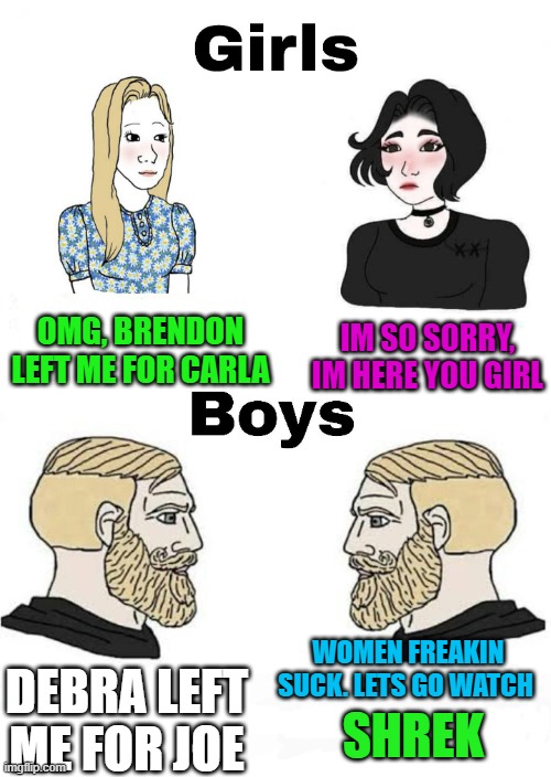 I say we trap women and only use them for reproduction. Men will overpower | OMG, BRENDON LEFT ME FOR CARLA; IM SO SORRY, IM HERE YOU GIRL; WOMEN FREAKIN SUCK. LETS GO WATCH; DEBRA LEFT ME FOR JOE; SHREK | image tagged in men vs women,freedom | made w/ Imgflip meme maker