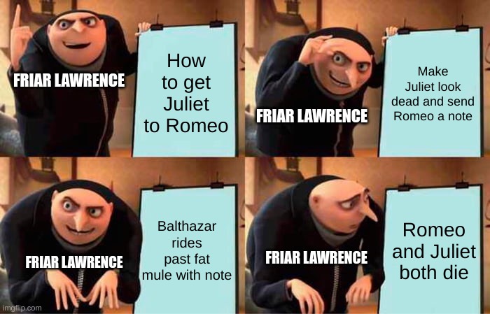 Friar Lawrence's plan | How to get Juliet to Romeo; Make Juliet look dead and send Romeo a note; FRIAR LAWRENCE; FRIAR LAWRENCE; Balthazar rides past fat mule with note; Romeo and Juliet both die; FRIAR LAWRENCE; FRIAR LAWRENCE | image tagged in memes,gru's plan | made w/ Imgflip meme maker