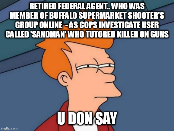 Futurama Fry Meme | RETIRED FEDERAL AGENT.. WHO WAS MEMBER OF BUFFALO SUPERMARKET SHOOTER'S GROUP ONLINE  - AS COPS INVESTIGATE USER CALLED 'SANDMAN' WHO TUTORED KILLER ON GUNS; U DON SAY | image tagged in memes,futurama fry | made w/ Imgflip meme maker