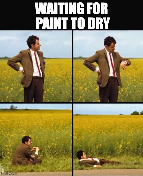 Mr bean waiting |  WAITING FOR  PAINT TO DRY | image tagged in mr bean waiting | made w/ Imgflip meme maker