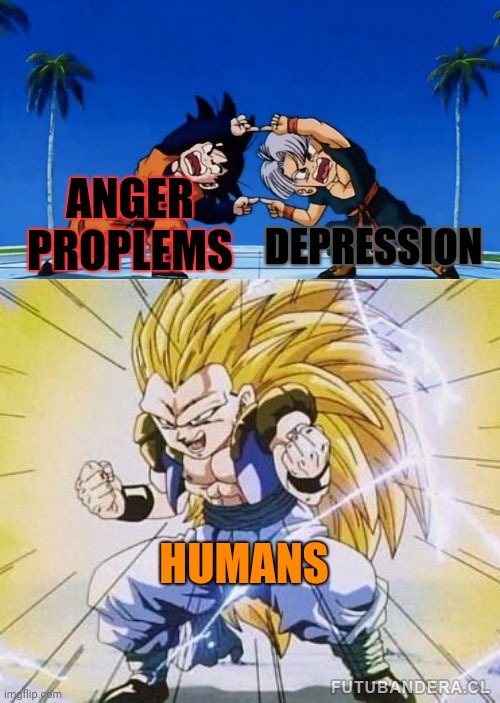 Human |  DEPRESSION; ANGER PROPLEMS; HUMANS | image tagged in dbz fusion,humans | made w/ Imgflip meme maker