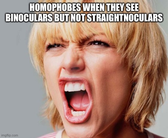 super angry karen | HOMOPHOBES WHEN THEY SEE BINOCULARS BUT NOT STRAIGHTNOCULARS | image tagged in super angry karen,funny,memes,homophobic | made w/ Imgflip meme maker