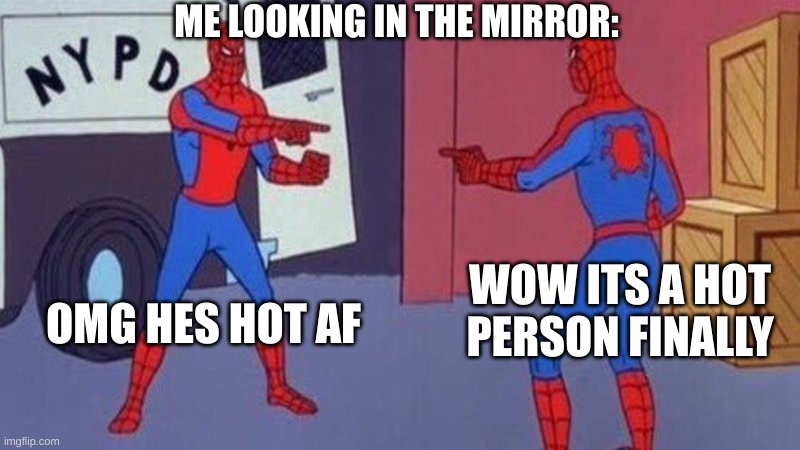 spiderman pointing at spiderman | ME LOOKING IN THE MIRROR:; WOW ITS A HOT PERSON FINALLY; OMG HES HOT AF | image tagged in spiderman pointing at spiderman | made w/ Imgflip meme maker