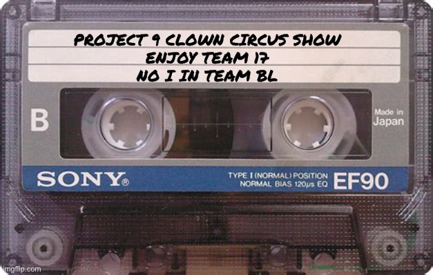 PROJECT 9 CLOWN CIRCUS SHOW 
ENJOY TEAM 17 
NO I IN TEAM BL | made w/ Imgflip meme maker