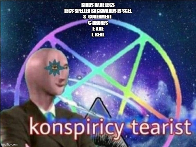 Konspiricy tearist | BIRDS HAVE LEGS
LEGS SPELLED BACKWARDS IS SGEL
S- GOVERMENT 
G-DRONES
E-ARE
L-REAL | image tagged in konspiricy tearist | made w/ Imgflip meme maker