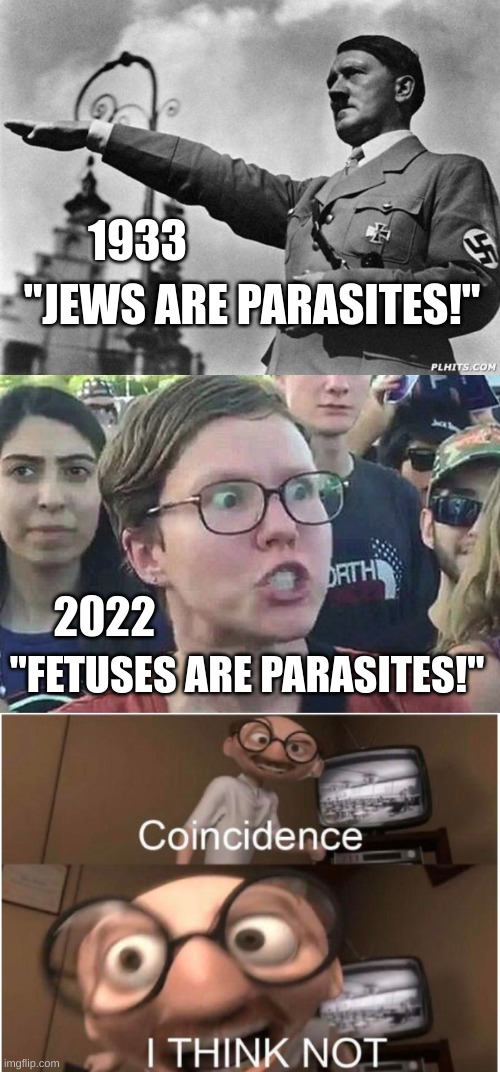 National SOCIALISM | 1933; "JEWS ARE PARASITES!"; 2022; "FETUSES ARE PARASITES!" | image tagged in hitler,triggered liberal,coincidence i think not | made w/ Imgflip meme maker