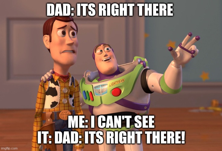 dad trying to show me something | DAD: ITS RIGHT THERE; ME: I CAN'T SEE IT: DAD: ITS RIGHT THERE! | image tagged in memes,x x everywhere | made w/ Imgflip meme maker