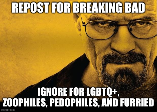 I'm bored. | REPOST FOR BREAKING BAD; IGNORE FOR LGBTQ+, ZOOPHILES, PEDOPHILES, AND FURRIED | image tagged in breaking bad | made w/ Imgflip meme maker