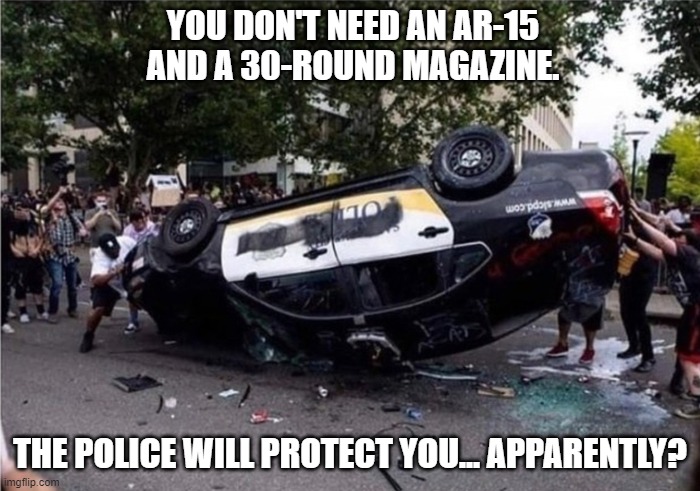 The Police Will Protect You, Apparently? |  YOU DON'T NEED AN AR-15 AND A 30-ROUND MAGAZINE. THE POLICE WILL PROTECT YOU... APPARENTLY? | image tagged in police,gun control | made w/ Imgflip meme maker