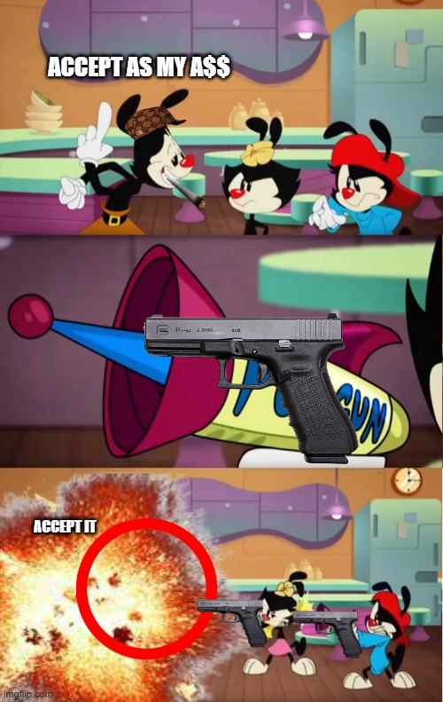 I KNEW IT >:( | ACCEPT AS MY A$$; ACCEPT IT | image tagged in animaniacs pun gun | made w/ Imgflip meme maker