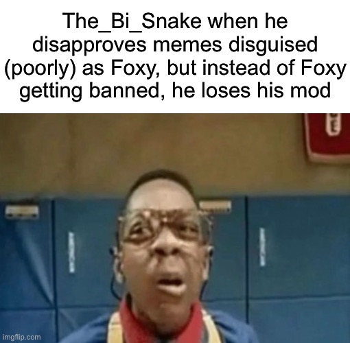 The_Bi_Snake when he
disapproves memes disguised
(poorly) as Foxy, but instead of Foxy
getting banned, he loses his mod | image tagged in blank white template | made w/ Imgflip meme maker
