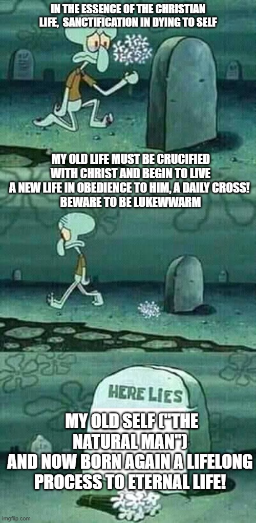 Dying to self | IN THE ESSENCE OF THE CHRISTIAN LIFE,  SANCTIFICATION IN DYING TO SELF; MY OLD LIFE MUST BE CRUCIFIED WITH CHRIST AND BEGIN TO LIVE A NEW LIFE IN OBEDIENCE TO HIM, A DAILY CROSS! 
BEWARE TO BE LUKEWWARM; MY OLD SELF ("THE NATURAL MAN")
AND NOW BORN AGAIN A LIFELONG PROCESS TO ETERNAL LIFE! | image tagged in here lies squidward meme,the bible,self,cross,christianity,jesus crucifixion | made w/ Imgflip meme maker