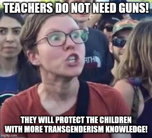 Angry Liberal | TEACHERS DO NOT NEED GUNS! THEY WILL PROTECT THE CHILDREN WITH MORE TRANSGENDERISM KNOWLEDGE! | image tagged in angry liberal | made w/ Imgflip meme maker