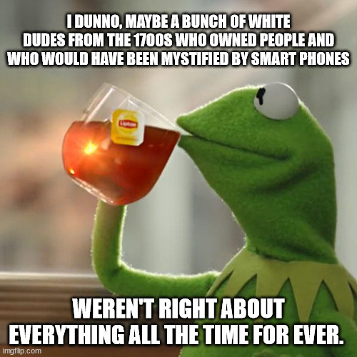 But That's None Of My Business | I DUNNO, MAYBE A BUNCH OF WHITE DUDES FROM THE 1700S WHO OWNED PEOPLE AND WHO WOULD HAVE BEEN MYSTIFIED BY SMART PHONES; WEREN'T RIGHT ABOUT EVERYTHING ALL THE TIME FOR EVER. | image tagged in memes,but that's none of my business,kermit the frog | made w/ Imgflip meme maker