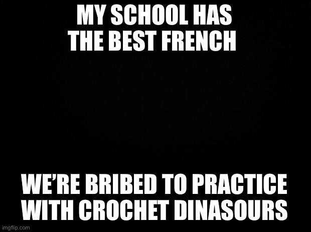 Black background | MY SCHOOL HAS THE BEST FRENCH; WE’RE BRIBED TO PRACTICE WITH CROCHET DINASOURS | image tagged in black background | made w/ Imgflip meme maker