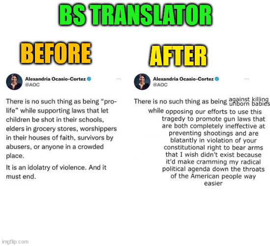 Translating AOC BS | BS TRANSLATOR; AFTER; BEFORE | image tagged in democrat,lies,translation | made w/ Imgflip meme maker