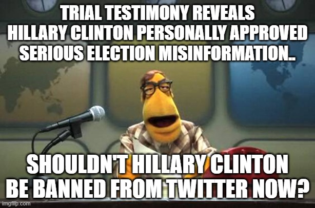 Wouldn't it be a hoot if Elon Musk were to ban Hillary Clinton? | TRIAL TESTIMONY REVEALS HILLARY CLINTON PERSONALLY APPROVED SERIOUS ELECTION MISINFORMATION.. SHOULDN'T HILLARY CLINTON BE BANNED FROM TWITTER NOW? | image tagged in muppet news flash | made w/ Imgflip meme maker
