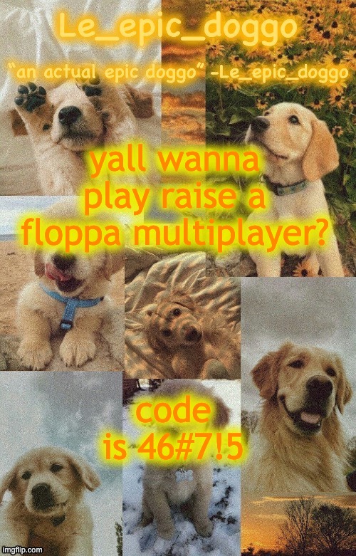 Doggo temp by doggo. Wait what that’s confusing | yall wanna play raise a floppa multiplayer? code is 46#7!5 | image tagged in doggo temp by doggo wait what that s confusing | made w/ Imgflip meme maker