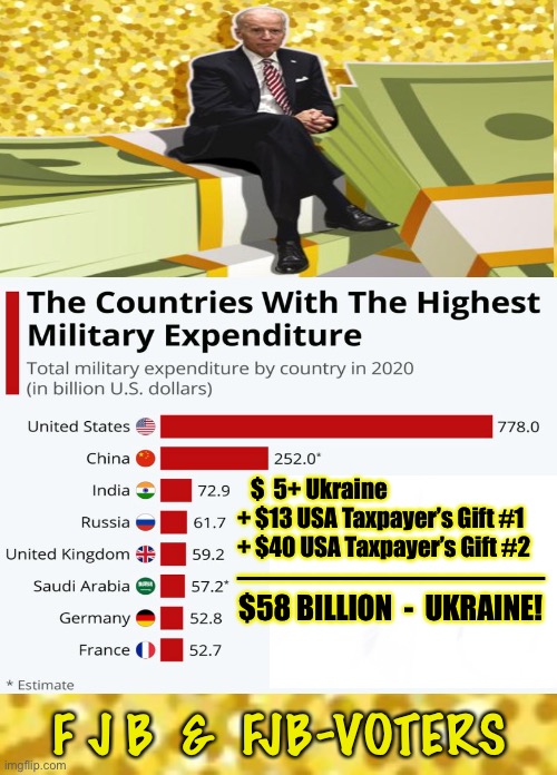 Whatever it costs, to keep the LAUNDRY COUNTRY (ukraine) QUIET.  stuff USD in their mouths, they won’t divulge our politicians w | $  5+ Ukraine
+ $13 USA Taxpayer’s Gift #1
+ $40 USA Taxpayer’s Gift #2
————————————; $58 BILLION  -  UKRAINE! F J B  &  FJB-VOTERS | image tagged in memes,fjb,fvck all you fjbiden voters,kissmyass,dems repub politicians launder,their dirty money thru ukraine | made w/ Imgflip meme maker