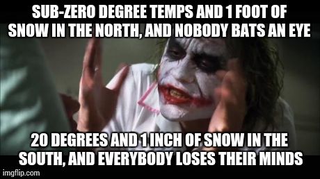 And everybody loses their minds Meme | SUB-ZERO DEGREE TEMPS AND 1 FOOT OF SNOW IN THE NORTH, AND NOBODY BATS AN EYE  20 DEGREES AND 1 INCH OF SNOW IN THE SOUTH, AND EVERYBODY LOS | image tagged in memes,and everybody loses their minds | made w/ Imgflip meme maker