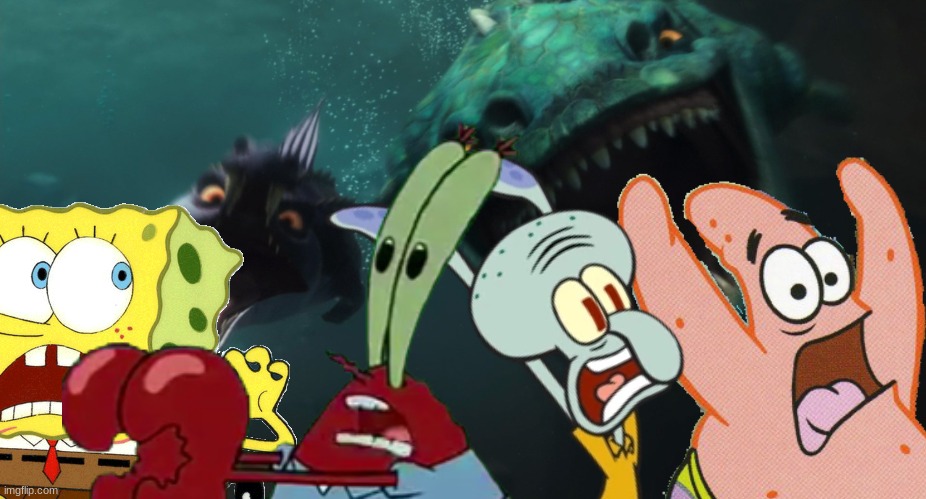 Mr krabs and his friends dies by Cretaceous and Maelstrom.mp3 | image tagged in mr krabs,squidward,patrick star,spongebob,ice age,animals | made w/ Imgflip meme maker