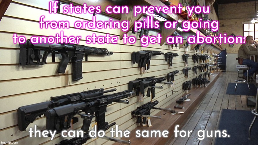 "they that plow iniquity, and sow wickedness, reap the same." - Job 4:8 | If states can prevent you from ordering pills or going to another state to get an abortion:; they can do the same for guns. | image tagged in gun shop,civil rights,law and order,karma | made w/ Imgflip meme maker