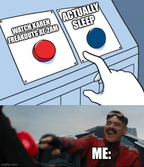 Robotnik Button | ACTUALLY SLEEP; WATCH KAREN FREAKOUTS AT 2AM; ME: | image tagged in robotnik button | made w/ Imgflip meme maker