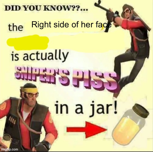 Sniper’s piss | Right side of her face | image tagged in sniper s piss | made w/ Imgflip meme maker