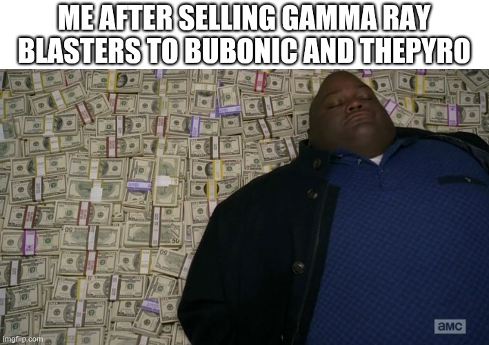 guy sleeping on pile of money | ME AFTER SELLING GAMMA RAY BLASTERS TO BUBONIC AND THEPYRO | image tagged in guy sleeping on pile of money | made w/ Imgflip meme maker