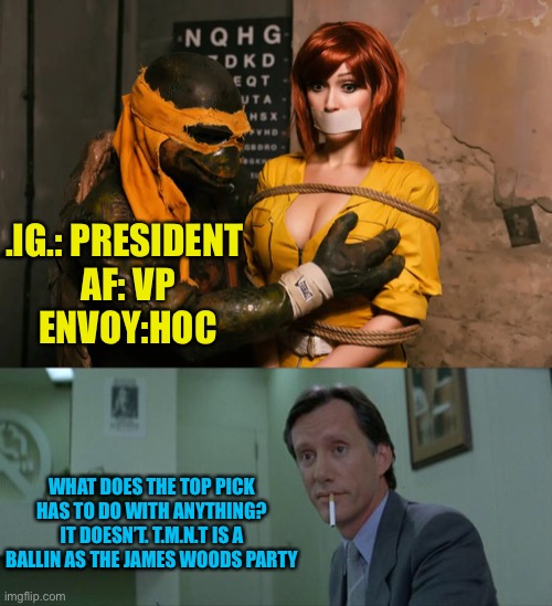 Ninja turtles, out of the sewers and into the woods | .IG.: PRESIDENT 
AF: VP
ENVOY:HOC; WHAT DOES THE TOP PICK HAS TO DO WITH ANYTHING? IT DOESN’T. T.M.N.T IS A BALLIN AS THE JAMES WOODS PARTY | made w/ Imgflip meme maker