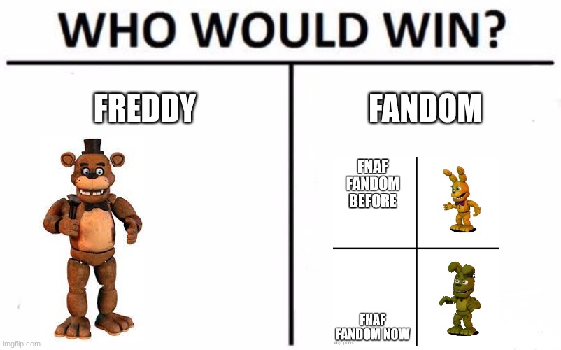 Who Would Win? Meme | FREDDY; FANDOM | image tagged in memes,who would win | made w/ Imgflip meme maker