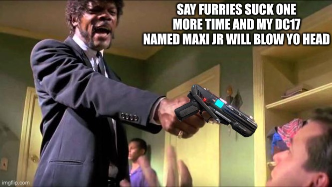 Anger(just a joke)  | SAY FURRIES SUCK ONE MORE TIME AND MY DC17 NAMED MAXI JR WILL BLOW YO HEAD | image tagged in say what again,furry memes,the furry fandom,furry with gun,furry,furries | made w/ Imgflip meme maker