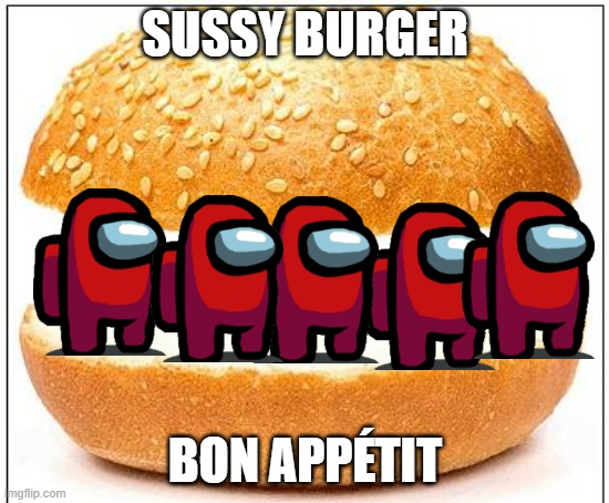 nom | SUSSY BURGER; BON APPÉTIT | image tagged in nothing burger | made w/ Imgflip meme maker