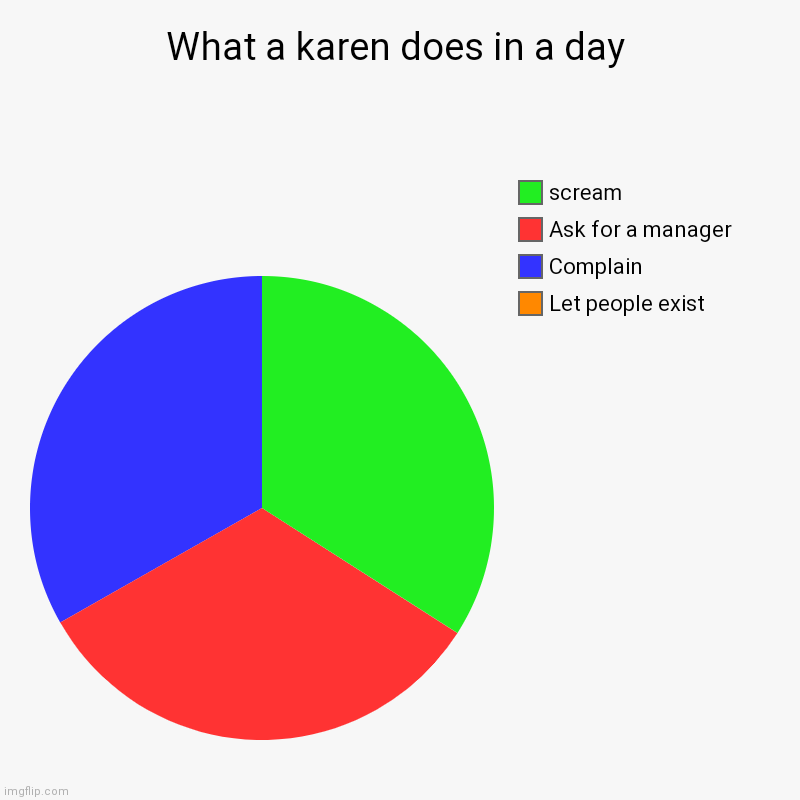 What a karen does in a day | Let people exist, Complain, Ask for a manager, scream | made w/ Imgflip chart maker
