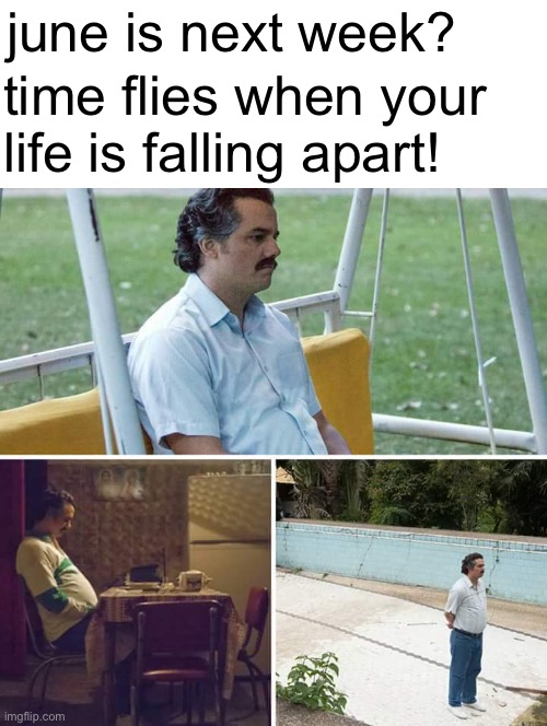 it’s felt like about seven months since school started | june is next week? time flies when your life is falling apart! | image tagged in memes,sad pablo escobar,funny,funny memes,barney will eat all of your delectable biscuits,relatable | made w/ Imgflip meme maker