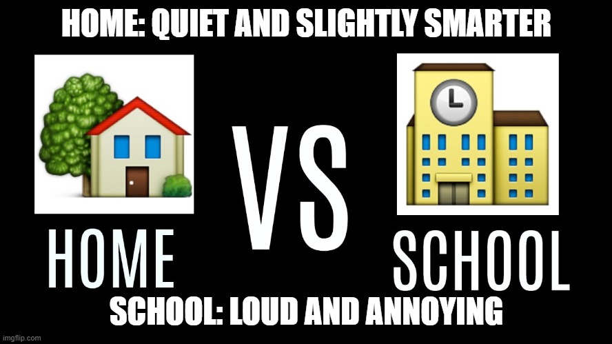 Me at home vs school: Anyone relate to this? | HOME: QUIET AND SLIGHTLY SMARTER; SCHOOL: LOUD AND ANNOYING | image tagged in memes | made w/ Imgflip meme maker