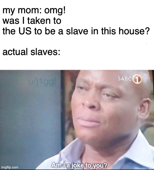 idk if she realizes that I do at least 50% of the work if you think about it | my mom: omg! was I taken to the US to be a slave in this house?
 
actual slaves: | image tagged in am i a joke to you | made w/ Imgflip meme maker
