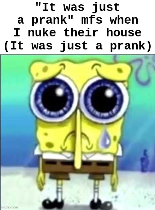 "It was just a prank, bro" | "It was just a prank" mfs when I nuke their house (It was just a prank) | image tagged in sad spongebob,spongebob,sad | made w/ Imgflip meme maker