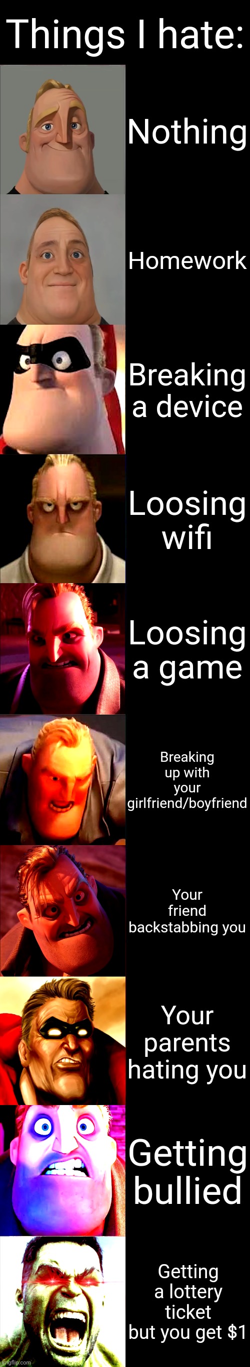 Mr. Incredible Becoming Angry | Things I hate:; Nothing; Homework; Breaking a device; Loosing wifi; Loosing a game; Breaking up with your girlfriend/boyfriend; Your friend backstabbing you; Your parents hating you; Getting bullied; Getting a lottery ticket but you get $1 | image tagged in mr incredible becoming angry | made w/ Imgflip meme maker