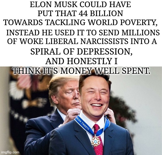 ELON MUSK COULD HAVE PUT THAT 44 BILLION TOWARDS TACKLING WORLD POVERTY, INSTEAD HE USED IT TO SEND MILLIONS OF WOKE LIBERAL NARCISSISTS INTO A; SPIRAL OF DEPRESSION, AND HONESTLY I THINK IT'S MONEY WELL SPENT. | made w/ Imgflip meme maker