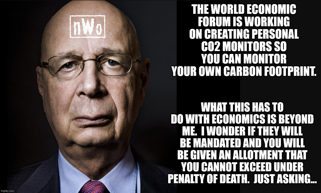 WEF = Orwell's "1984" | THE WORLD ECONOMIC FORUM IS WORKING ON CREATING PERSONAL CO2 MONITORS SO YOU CAN MONITOR YOUR OWN CARBON FOOTPRINT. WHAT THIS HAS TO DO WITH ECONOMICS IS BEYOND ME.  I WONDER IF THEY WILL BE MANDATED AND YOU WILL BE GIVEN AN ALLOTMENT THAT YOU CANNOT EXCEED UNDER PENALTY OF DEATH.  JUST ASKING... | image tagged in klaus schwab,1984,double plus bad | made w/ Imgflip meme maker